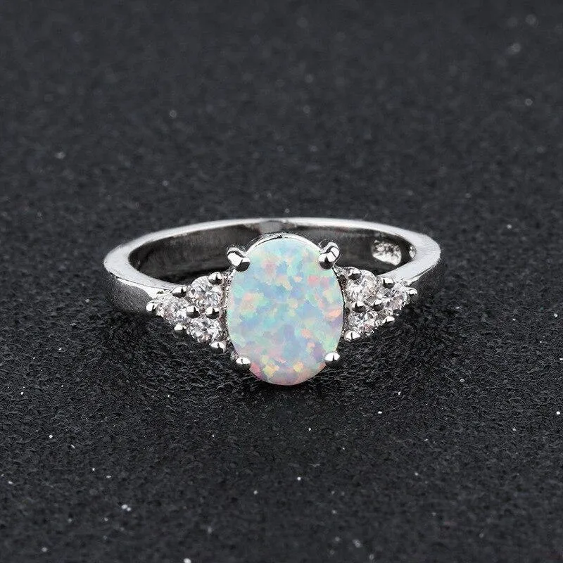 Vintage Design Oval White Created Opal Gemstone Ring