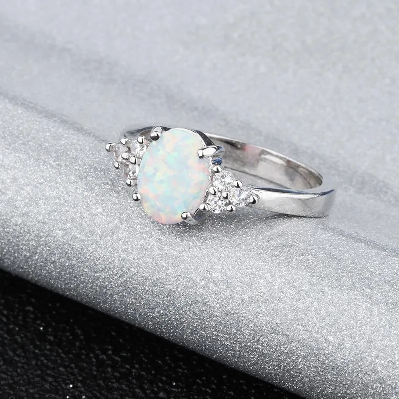 Vintage Design Oval White Created Opal Gemstone Ring