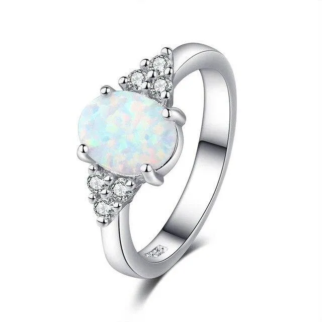 Vintage Design Oval White Created Opal Gemstone Ring