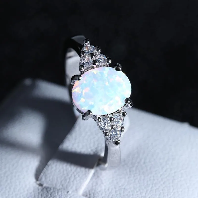 Vintage Design Oval White Created Opal Gemstone Ring