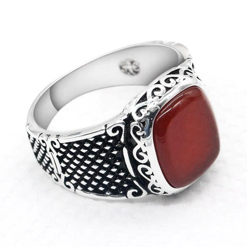 Vintage Handmade Natural Red Agate Square Signet Ring