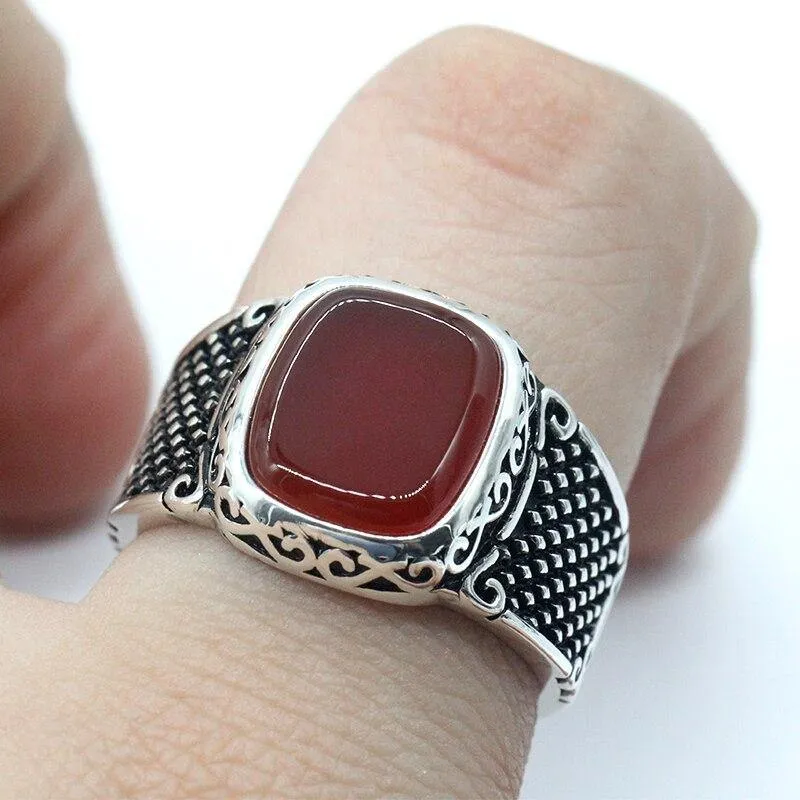Vintage Handmade Natural Red Agate Square Signet Ring