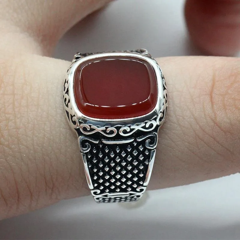 Vintage Handmade Natural Red Agate Square Signet Ring
