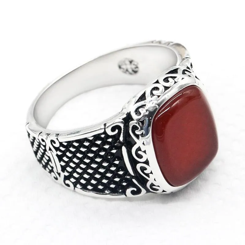 Vintage Handmade Natural Red Agate Square Signet Ring