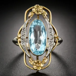 Vintage Jewelry Two Tone Flower Rings with Oval Cut Blue Zircon for Women in Silver Color