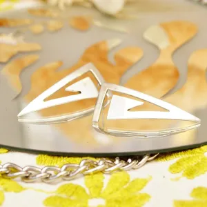Vintage TAXCO Modernist Sterling Silver Triangle Earrings, Geometric Swirl Design, Polished Silver, Sleek & Sophisticated, Mexico 925, 2" L