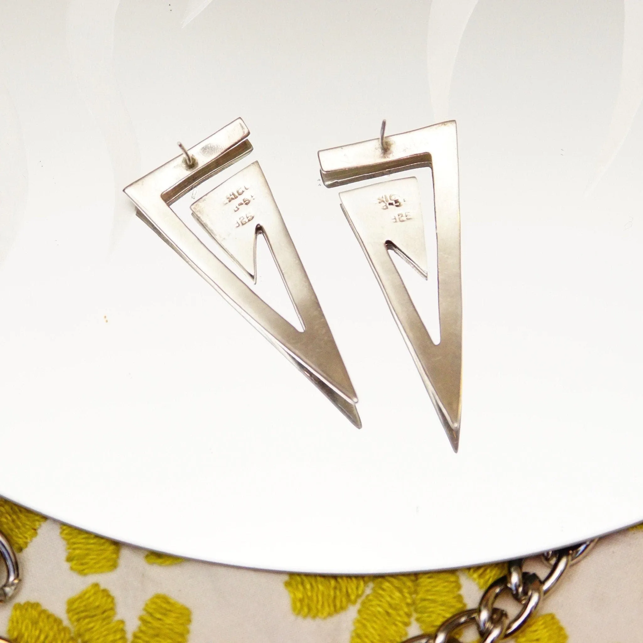 Vintage TAXCO Modernist Sterling Silver Triangle Earrings, Geometric Swirl Design, Polished Silver, Sleek & Sophisticated, Mexico 925, 2" L